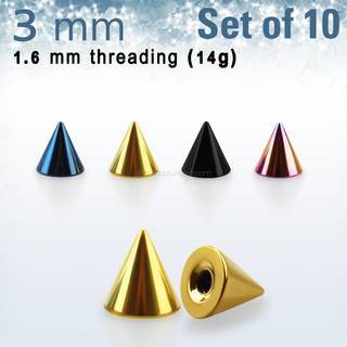 Pack of 10 pcs. of 3mm anodized surgical steel cones