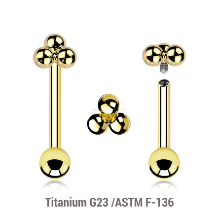Gold PVD plated titanium internally threaded barbell