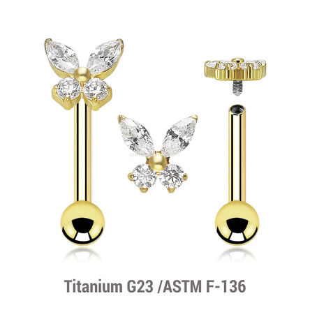Gold PVD plated titanium internally threaded barbell