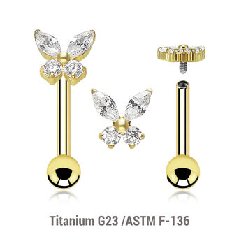 Gold PVD plated titanium internally threaded barbell