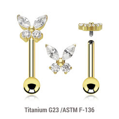 Gold PVD plated titanium internally threaded barbell