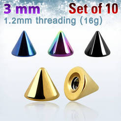 Pack of 10 pcs. of 3mm anodized surgical steel cones 